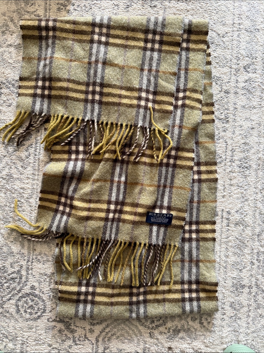 Burberry Olive Yellow Check Cashmere Scarf
